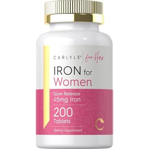 Iron Supplement for Women 45mg | 200 Tablets | Vegetarian, Non-GMO, Gluten Free, Slow Release Pills | by Carlyle Cover