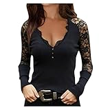 maglia scollo a v pizzo Maglia da donna a maniche lunghe con pizzo floreale su spalle e braccia, tinta unita, con scollo a V. In 100% cotone.