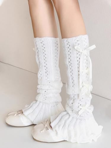 Leoparts Women's Knitted Leg Warmers Bow Flared Ruffle Trim Knee High Leg Sleeve Socks Lace-up Leg Cover for Teen Girls2