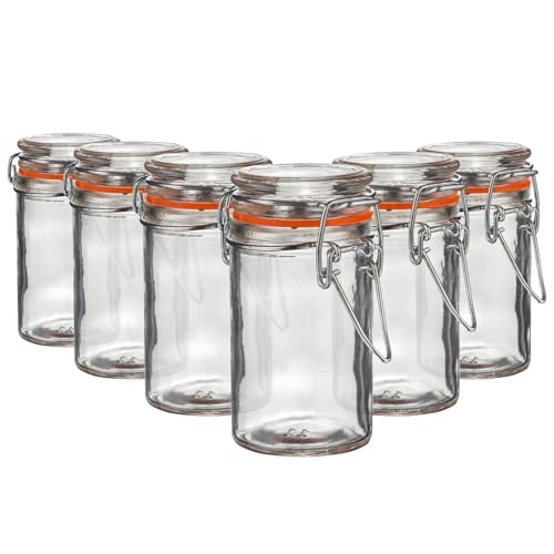 Argon Tableware Glass Spice Jars with Airtight Metal Clip Lid - 70ml/2.5oz - 6 Pack - 4 Colour Seals - Small Kitchen Storage Container Round Preserving Jar for Spice, Seasoning