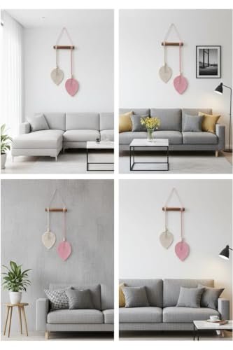 Image of AdFashionble Boho Macrame Wall Hanging Leaf Decor for Home, Living Room & Bedroom | Cotton Thread Art with Wooden Rod | Minimalist Handmade Wall Decoration | Aesthetic Nordic Wall Art for Home, Office & Gift Purpose Lenght- 58 cm Width- 15 cm (PASTEL PINK & OFFWHITE)