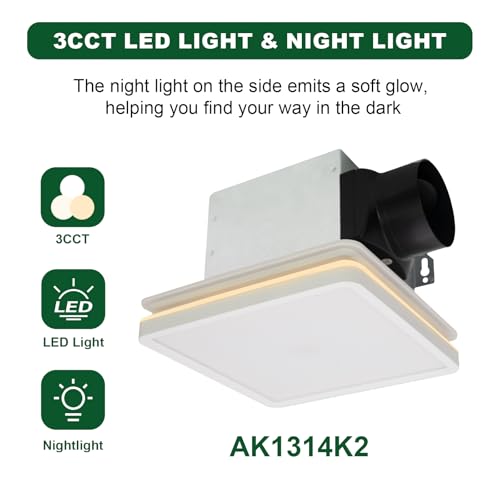 Akicon Bathroom Exhaust Fan Light con Interruptor de Humedad, Ventilador para Techo de Baño 80CFM 2.0 Sones, 15W Luces LED Regulables 3CCT y Luz Nocturna 3.5W, Cuadrado, Blanco miniatura 3
