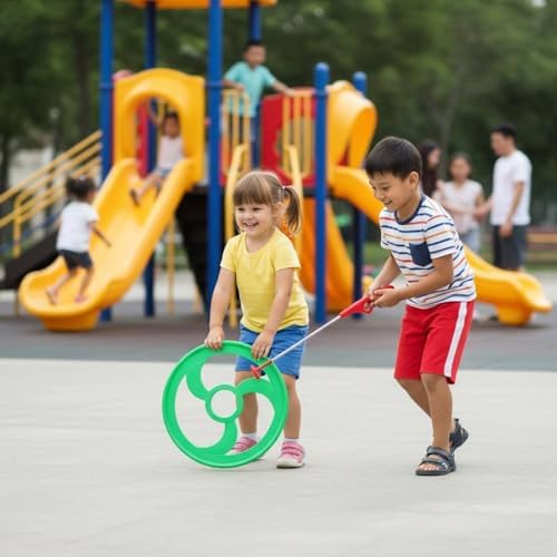 KiBcsLic Children Rolling Hoop Push Toy Wheel Game Balance Interactive Activity with Stainless Steel Rod Comfortable Grip for Control Suitable for Backyard, Green, Large - 4