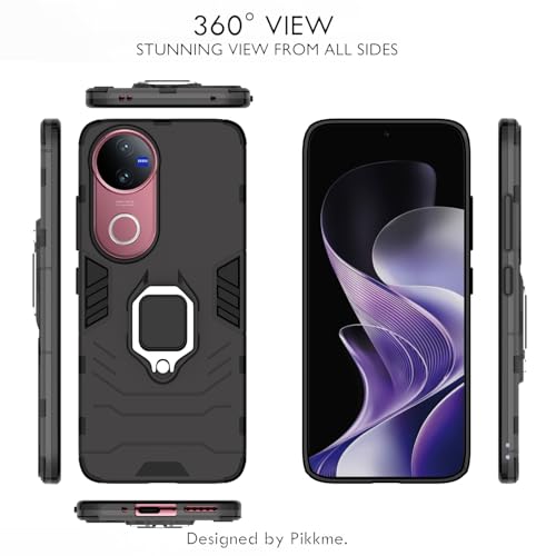 Image of Pikkme Back Cover for iQOO Z10R 5G / Vivo V50 5G / V50e 5G / Vivo T4R 5G | 360 Protection | Ring Holder | Kickstand | Tough Armor Case (Black)