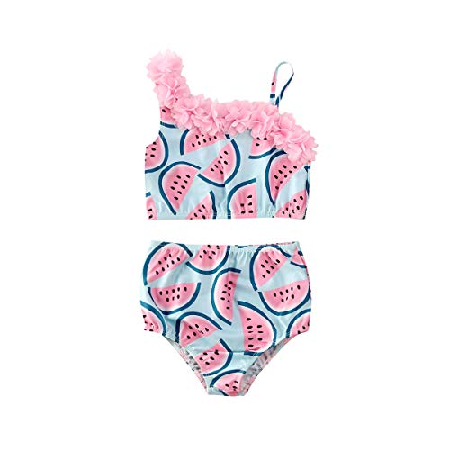 Bowanadacles Costume da Bagno Bambina 2 Pezzi Top off Spalla con Pizzo + Calzoncini Stampa di Anguria per Spiaggia Mare Piscina 1-5 Anni (Blu, 4-5 Anni)