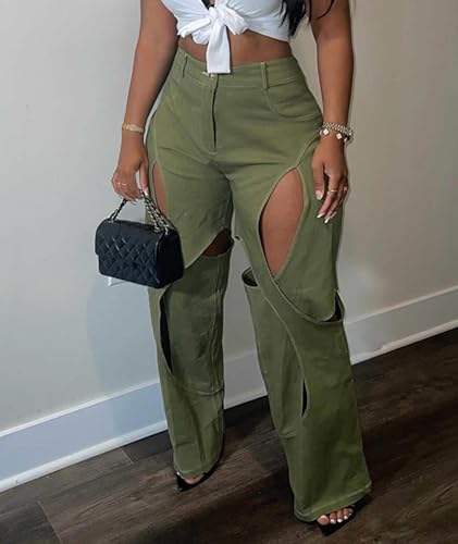 SOMTHRON Women's Sexy Hollow Out High Waisted Pants Criss Cross Straight Wide Leg Loose Trousers Y2K Streetwear2