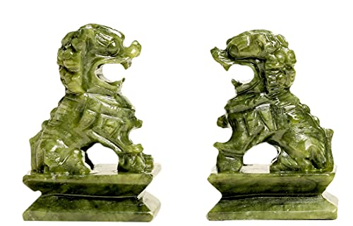 A Pair Natural Green Jade Carved Feng Shui Fu Foo Dog...