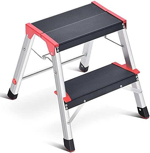 Kingrack Aluminum Step Ladder 2 Step, Lightweight Step Stool with Widened Platform, Multi Purpose and Anti-Slip Folding Step Stool, Maximum Load 150 Kg, Red