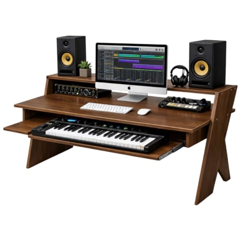 Image of Timber Acoustics StudioPad Mini Music Production Desk for Studio | Professional Music Producer Table for PC, MIDI Keyboard & Audio Setup (3.5' x 2.5') (Mahogany)