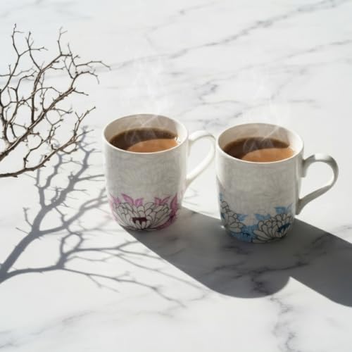 Image of Dandy Lines New Ray Garden Grace in Pink and Blue, Ceramic Coffee Mug Set, Pack of 4, Microwave & Dishwasher Safe, Great for Home Use & Gifting