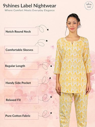 Image of 9shines Label Pure Cotton Printed Women Top & Pyjama Set | Pyjama co-ord Set | Night Suit | Lounge wear for Home | Nightwear Set for Women | Night Dress for Women Stylish (COPJ-5)