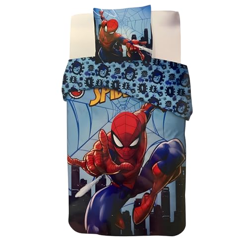 Parure Housse de Couette Spiderman en Coton, Parure de lit Réversible 140x200 cm, Taie d'oreiller 65x65 cm, 100% Coton (Parure Spiderman-b)