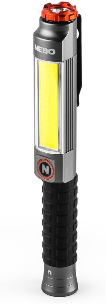 NEBO Big Larry 3 Work Light, 600 Lumen Flashlight with COB Work Light, Pocket Clip Magnetic Base for Hands-Free Lighting, Portable COB LED Dimmable Flashlight, Hazard Light-Red