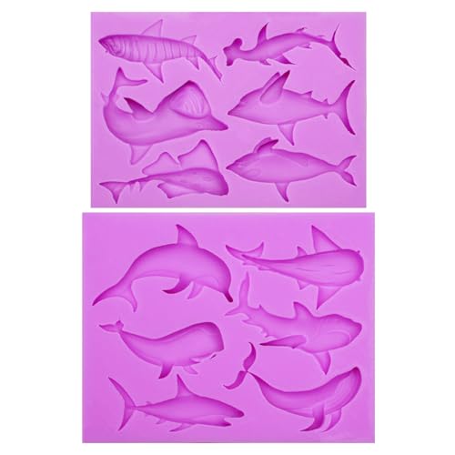 Ocean Sea Life Silicone Molds 2 Pack Marine Animals Fondant Molds Shark Whale Dolphin Chocolate Molds for Cake Decorating Cupcake Topper Candy Gum Paste Polymer Clay