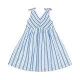 Hope & Henry Girls' Sleeveless Bow Shoulder Swing Dress in Linen, 3, Blue Variegated Stripe