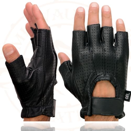 Image of Milwaukee Leather SH198 Men's Black Flame Embroidered Fingerless Gloves with Gel Palm | Padded Comfort; Vibration Relief; Flame Embroidery