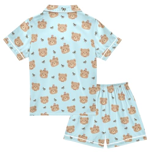 Cute Brown Bears Blue Print Summer Satin Pajama Set, Cute Button-Down Sleepwear Pj Set for Sleep Wears2