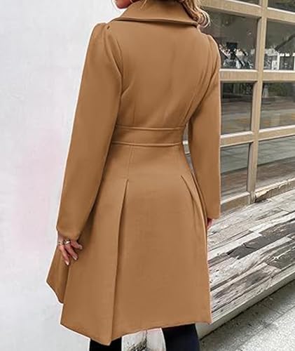 Image of Sexyshine Women's Double Breasted Trench Coat Notch Lapel A-Line Slim Flared Pleated Wool Blend Pea Coat with Pockets