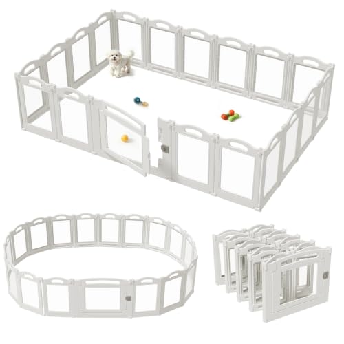 Image of Foldable Clear Acrylic Dog Playpen with Door, 23.6 inch Acrylic Puppy Playpen, Easy Assemble Indoor Pet Fence with White Frame, Clear Dog Playpen for Puppies & Animal (White, 23.6'H, 18 Panels + 1 Door)