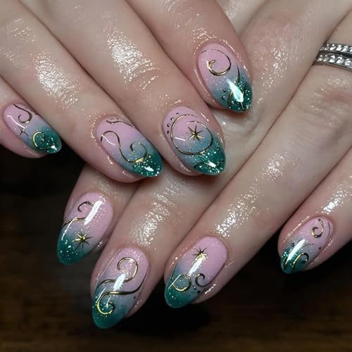 Pink & Green Ombre Press on Nails Medium Almond Fake
