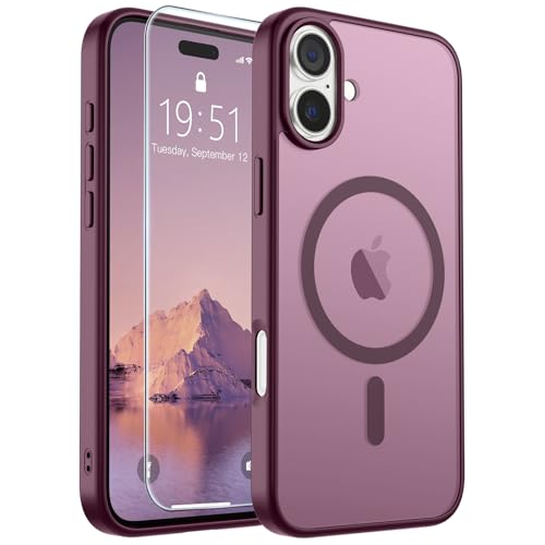 SUPFINE Magnetic for iPhone 16 Case (Compatible with MagSafe) (Military Grade Drop Protection) Slim Translucent Matte Shockproof with Anti-Fingerprint Phone Case, Wine Red