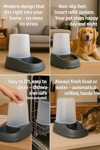 Automatischer Futter- und Wasserspender für Hunde und Katze - 2,5L - Futterautomat Katze - Futterspender Katze - Wasserspender Katzen Hunde - Flamingo Raja grau