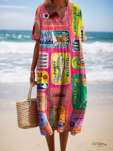 V Neck Boho Floral Linen Maxi Dress Women Summer Short Sleeve Loose Casual Beach Vacation Long Tunic Dress with Pocket2