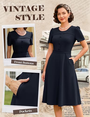 Image of Wedtrend 1950's Vintage Dresses for Women Modest Church Dress with Pockets Short Sleeve Tea Party A-Line Cocktail Dresses