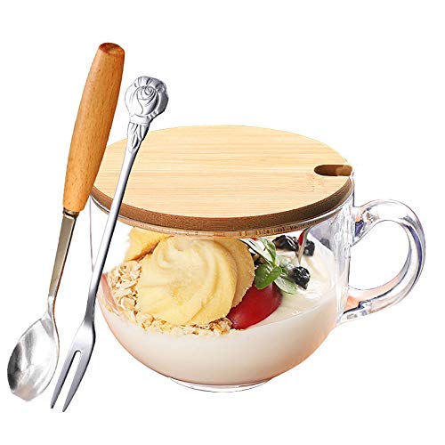 BOWD micro-ondes verre fruits secs petit déjeuner tasse tasse à café en verre et couvercle de tasse de lait cuillère en bois 470 ml Cover