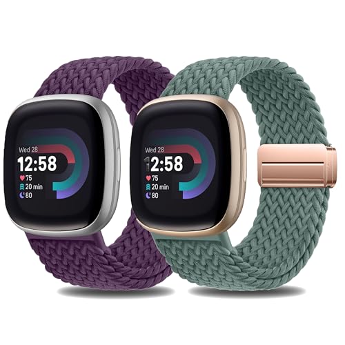 Hgsxst Paquete de 2 correas magnéticas trenzadas compatibles con Fitbit Versa 4/Fitbit Versa 3/Sense 2/Sense 1, correa deportiva de nailon elástico suave para mujeres y hombres, Nailon