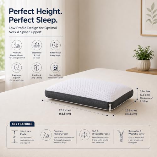 Image of Premium Knitted Fabric Memory Foam Bed Pillow, Standard Size 25 x 16 Inches, Set of 2, Orthopedic Neck Support Pillow with Removable Washable Zipper Cover, White