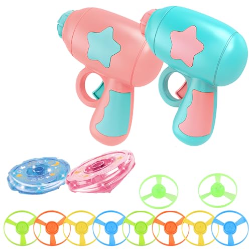 2PCS Cat Fetch Disc Launcher Toy with Colorful Flying Propellers Set Cat Playing Tracking LED Spinning Top Interactive Toys for Kitten Chasing Training HuntingPink+Blue