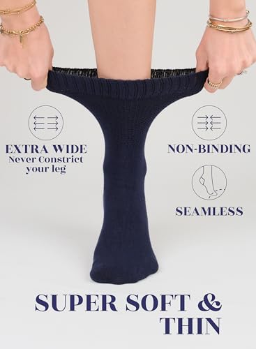 Image of Hugh Ugoli Women's Soft Bamboo Diabetic Crew Socks, Wide, Loose Fit & Thin Socks with Seamless Toe & Non-Binding Top, 4 Pairs