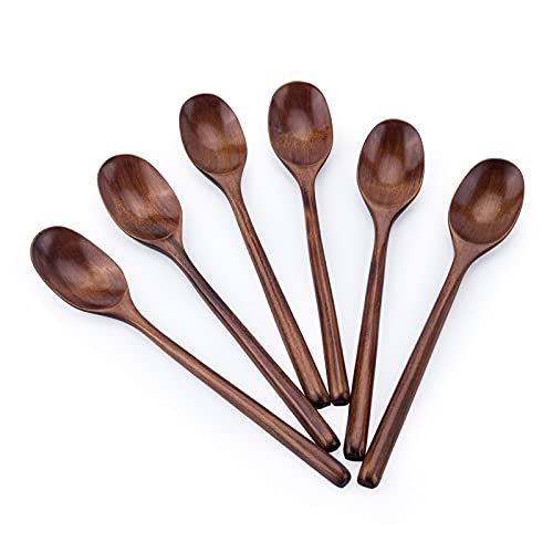 Wooden Spoons 6PCS 9 Inch Long Handle Wood Spoons for Eating Wood Soups Spoon Mixing Stirring Wooden Honey Spoon for Daily Use