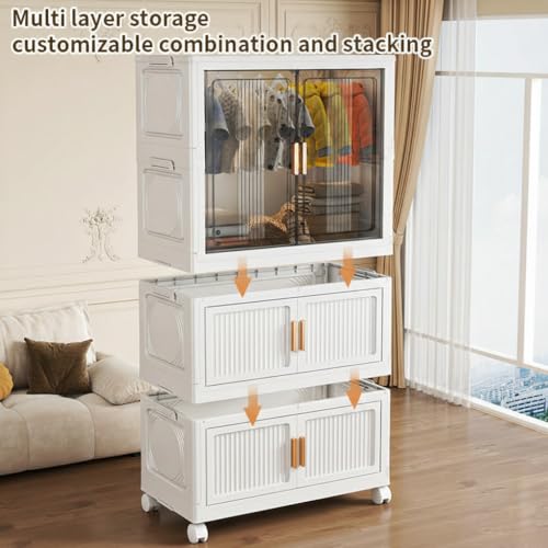 Image of KRISHYAM Modular Plastic Wardrobe with Transparent Sliding Doors & Drawer Storage | Multi-Layer Clothes Organizer Cabinet with Wheels (2 Layer - 1 Transparent Door (White))