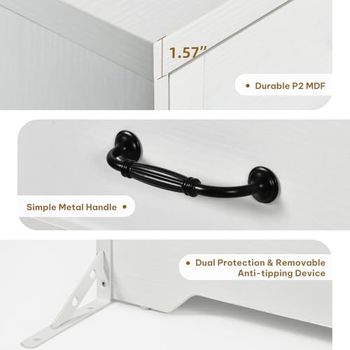 DWVO White Farmhouse8 Drawer Dresser, 47.2" W Large Vintage Double Dresser Chest of Drawers with Charging Station and Side Organizer Bag, Wood Storage with Retro Metal Handle for 300lbs for Hallway