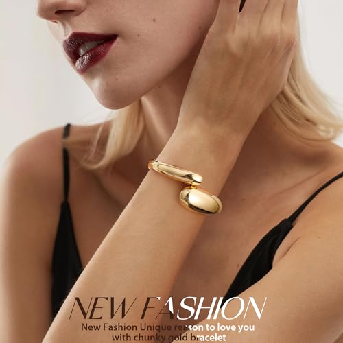 Chunky Gold Bracelet Gold Cuff Bangle Bracelets for Women Non Tarnish Teen Girl Gifts Trendy Stuff Wide Hinged Irregular Twisted Bangle Christmas Stocking Stuffers Minimalist Birthday Anniversary Jewelry