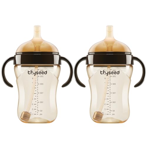 Image of Thyseed PPSU Weighted Straw Cup with Handles Toddlers Transition Bottles to Sippy Cups No Spill Learner Milk Water Baby Bottle Soft Silicone Spout Dishwasher Safe BPA Free 6+ Months 10oz/300mL 2 Pack