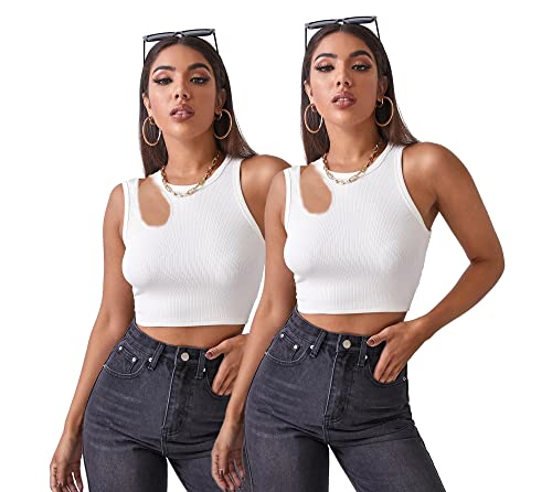 Image of Shasmi Women's & Girls' Solid Ribbed Round Neck Collarless Sleeveless Slim Fit Cut Out Tank Tops (Pack of 2) (TOP 48 White White L)