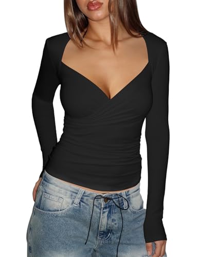 Amoretu Women's Stretchy Wrap Cross Neckline Ruched Shirt Long Sleeve Going Out Fitted Top3