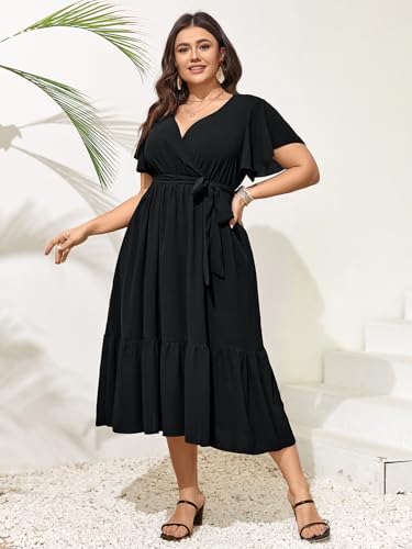 SCOMCHIC Womens Plus Size Wedding Guest Dresses Summer Wrap V Neck Short Sleeve Belted Ruffle Hem A-Line Flowy Maxi Dress4