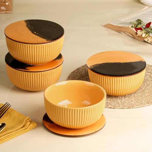 Image of The Earth Store Yellow Fringe Ceramic Bowl with Lid Set of 4, 550ML | Multipurpose Uses Coaster /Lid | Dishwasher & Microwave Safe Bowl | Ideal for Rice, Dal, Fruits, Salad, Snack, Mixing Bowl