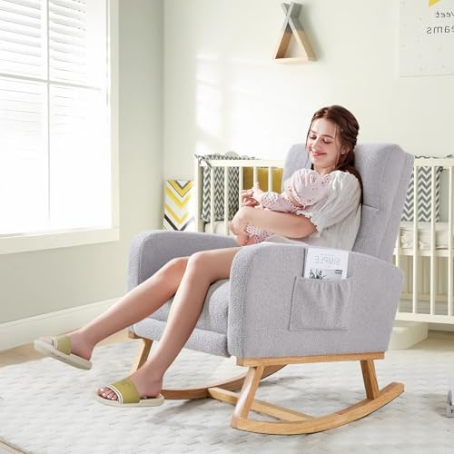 Image of HCHAIRH Rocking Chair Nursery with Foot Rest, Teddy Nursing Rocking Chairs for Mom Nursery, Rocker Glider Chair with Footrest for Living Room, Bedroom, Light Gray