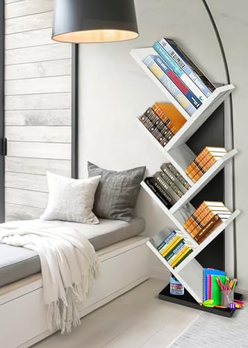 Image of SBF Furniture Engineered Wooden Book Rack,Space Saver Book Shelf for Home Living Room and Office Table Top Free Standing Organizer,Laminated Finish Modern Book Shelve (7Tier Black & White)