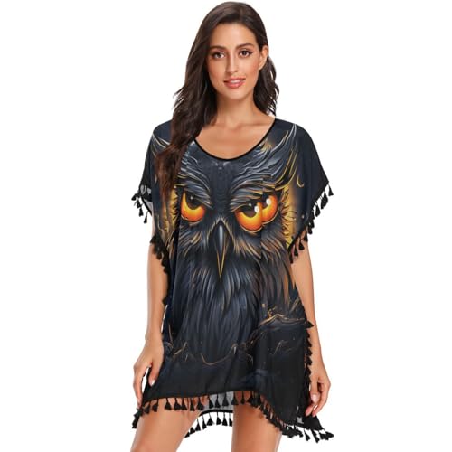 Cool Animal Art Owl Women's Beach Cover Up Chiffon Tassel Swimwear Swimsuit Coverups for Girl