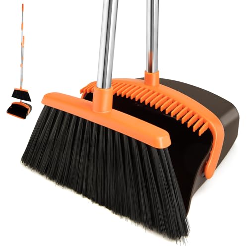Image of Broom and Dustpan Set,Dustpans with Broom Combo for Home,Heavy Dust Broom and Dustpan Combo,Long Handle Dust Pan and Broom Set for Kitchen Office,Pet Hair(Brown Orange)