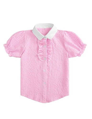 Image of Girls Short Sleeve Button Down Shirts Ruffle School Uniform Crop Tops Peter Pan Collar Plaid Blouse 4-13Y