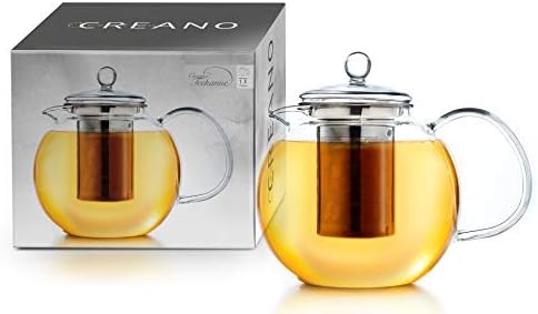 Creano glass teapot 58oz (1700ml), tea maker with integrated stainless steel strainer and glass lid, ideal for preparing loose teas, drip-free, all-in-one