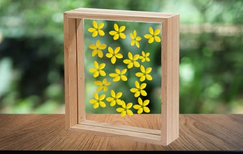 Image of Desi Rang Wooden Square Frame For Wall Decor Table Top Hanging Any Green Or Dry Plant Leaf Picture Photo DIY Gift Home Decoration (Natural,Sqr,12X12 Inch,With Yellow Flower)