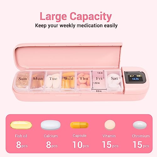 Zoksi Bluetooth Electronic Pill Dispenser with Alarm, Smart Pill Organizer with Reminder&Light, Pill Timer Tracker, Automatic Medication Dispenser, Weekly 7 Day Pill Case 1 Time a Day for Travel(Pink) - Image 5